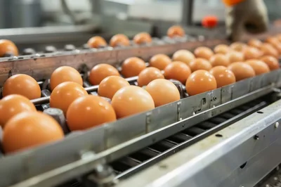 Fresh Brown Eggs Moving Along Industrial Conveyor Belt