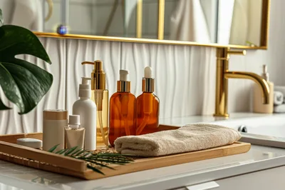 Skincare Products Arranged On A Wooden Bathroom Tray