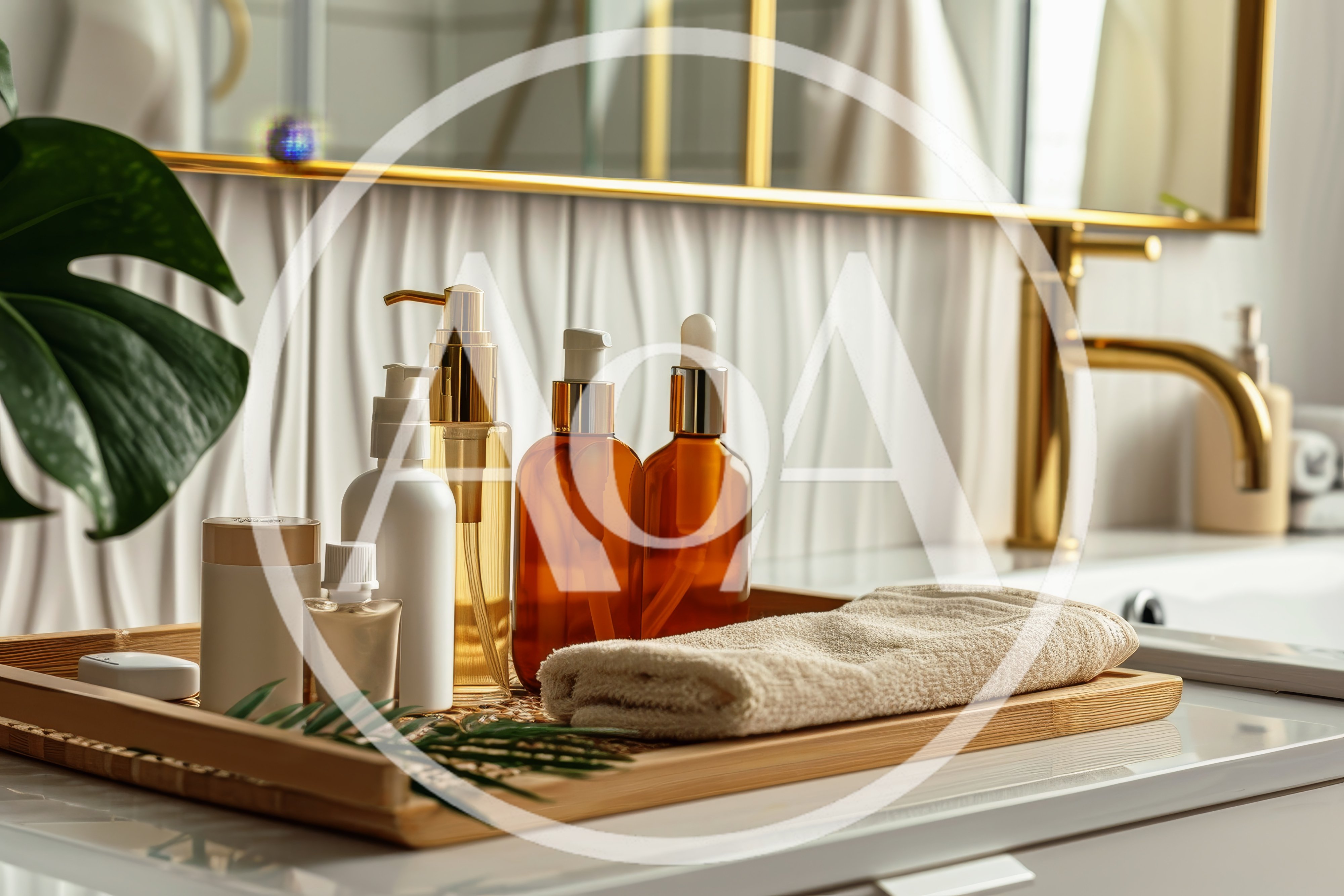 Skincare Products Arranged On A Wooden Bathroom Tray