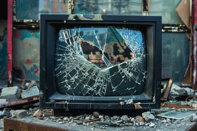 Broken Vintage Television Set In Abandoned Industrial Building