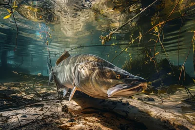 Large Muskellunge Swimming In Shallow Freshwater Habitat