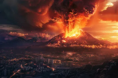 Volcanic Eruption Over A City At Sunset