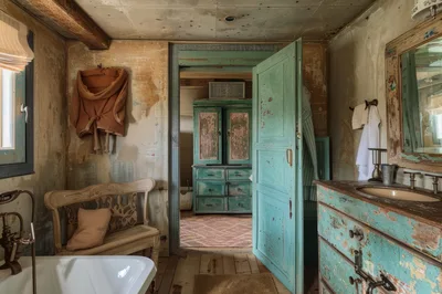 Rustic Bathroom Interior With Distressed Teal Furniture
