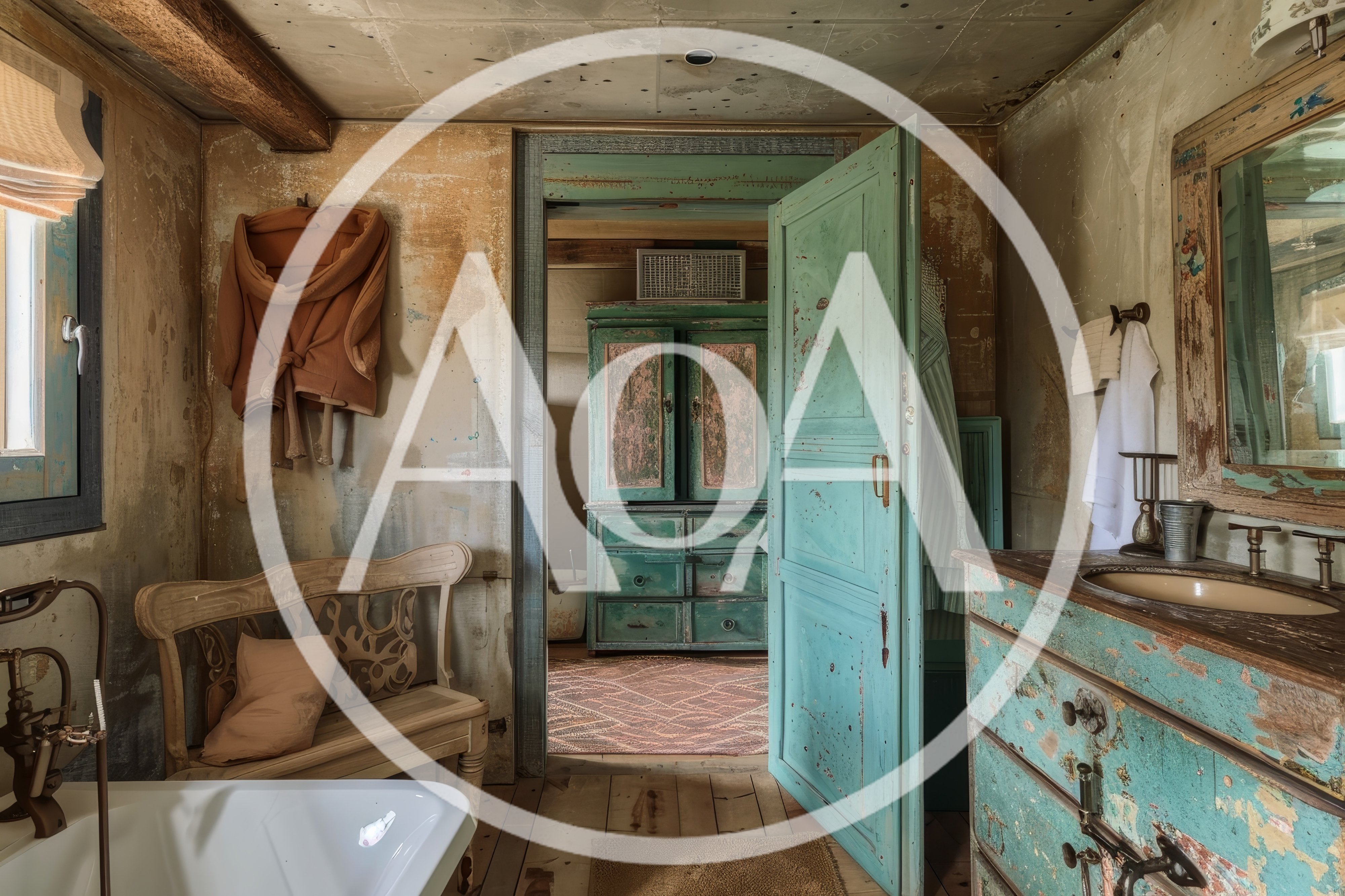 Rustic Bathroom Interior With Distressed Teal Furniture
