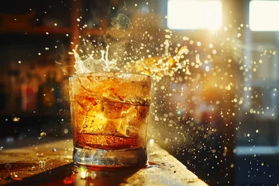 Whiskey Glass With Dramatic Ice Splash And Golden Bokeh
