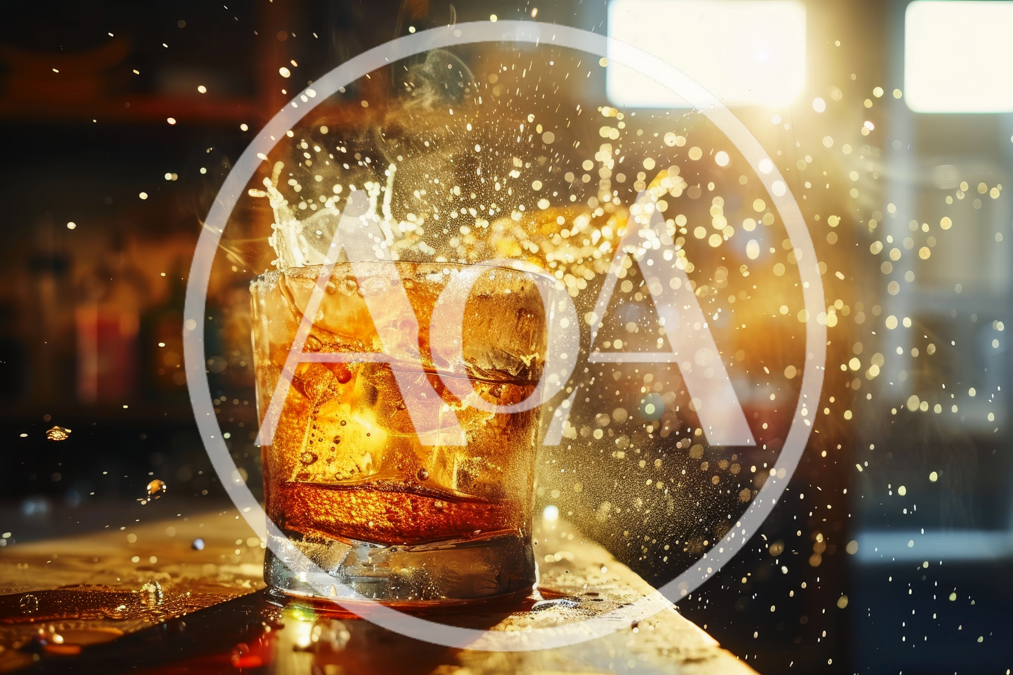 Whiskey Glass With Dramatic Ice Splash And Golden Bokeh