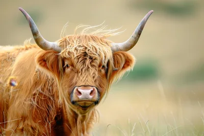 Highland Cow Portrait In A Grassy Field