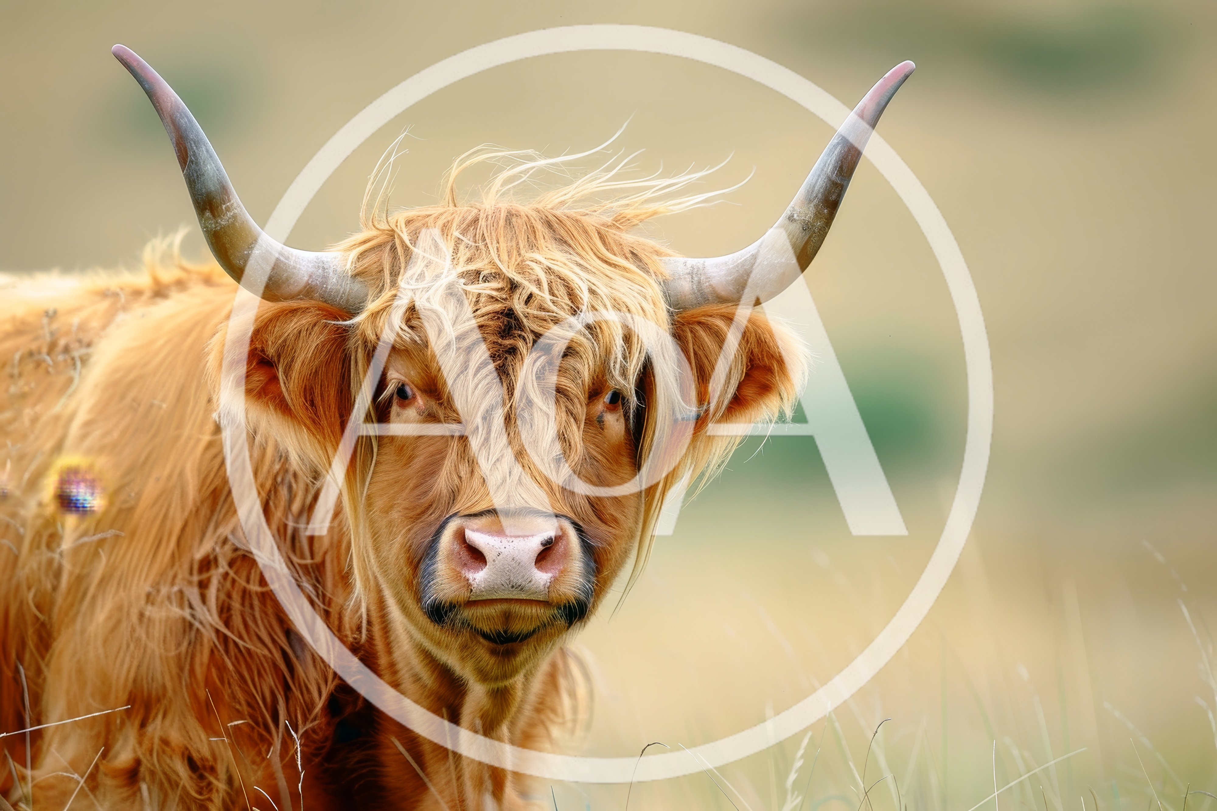 Highland Cow Portrait In A Grassy Field