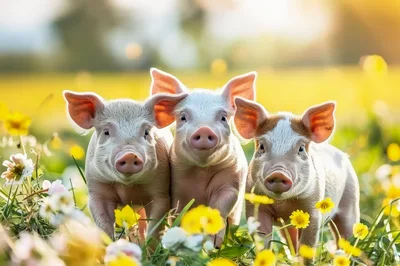 Three Cute Piglets Standing In A Sunny Flower Meadow