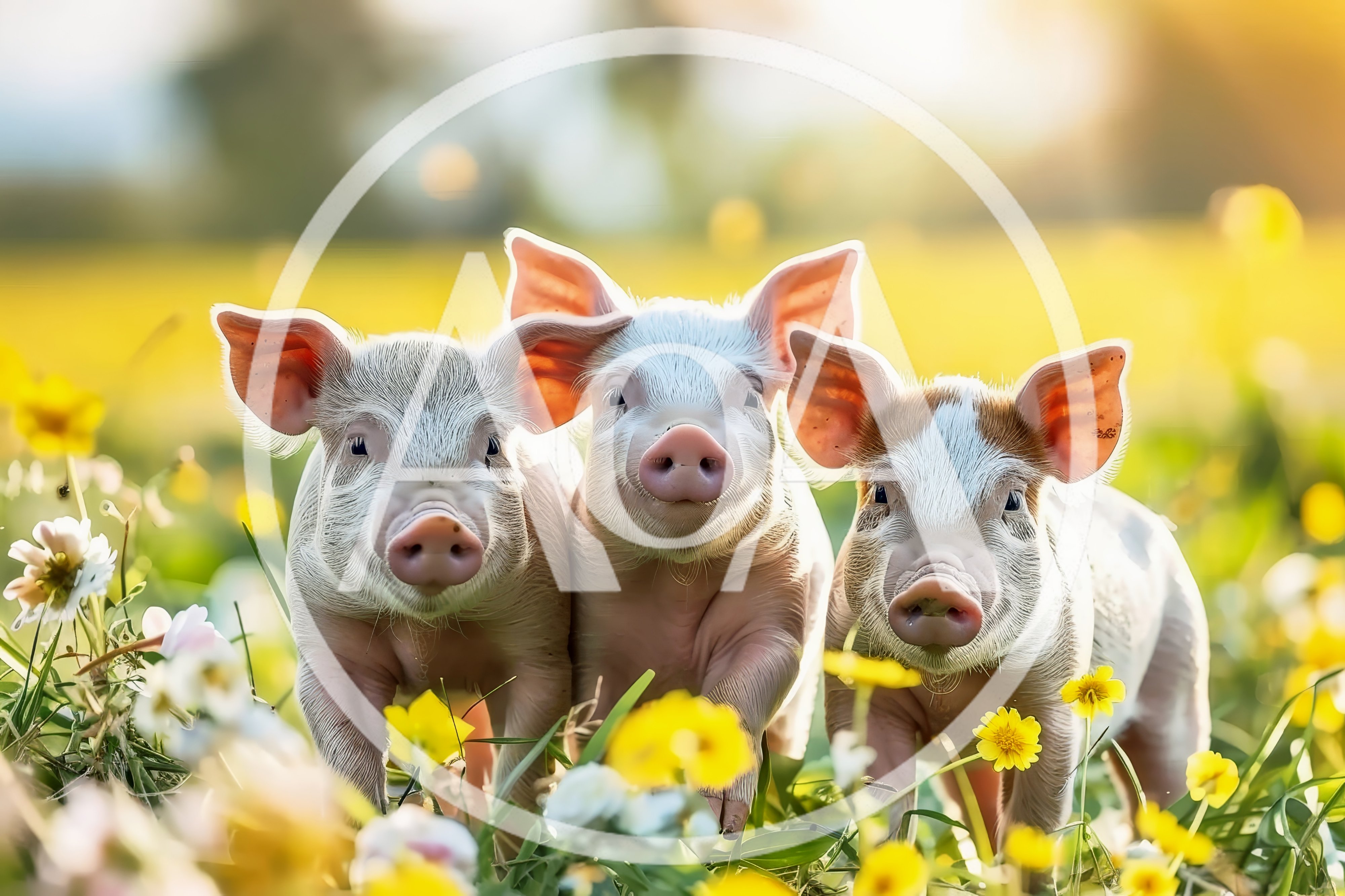 Three Cute Piglets Standing In A Sunny Flower Meadow