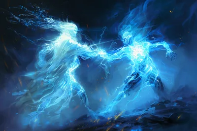 Two Ethereal Blue Energy Spirits Clashing In Combat