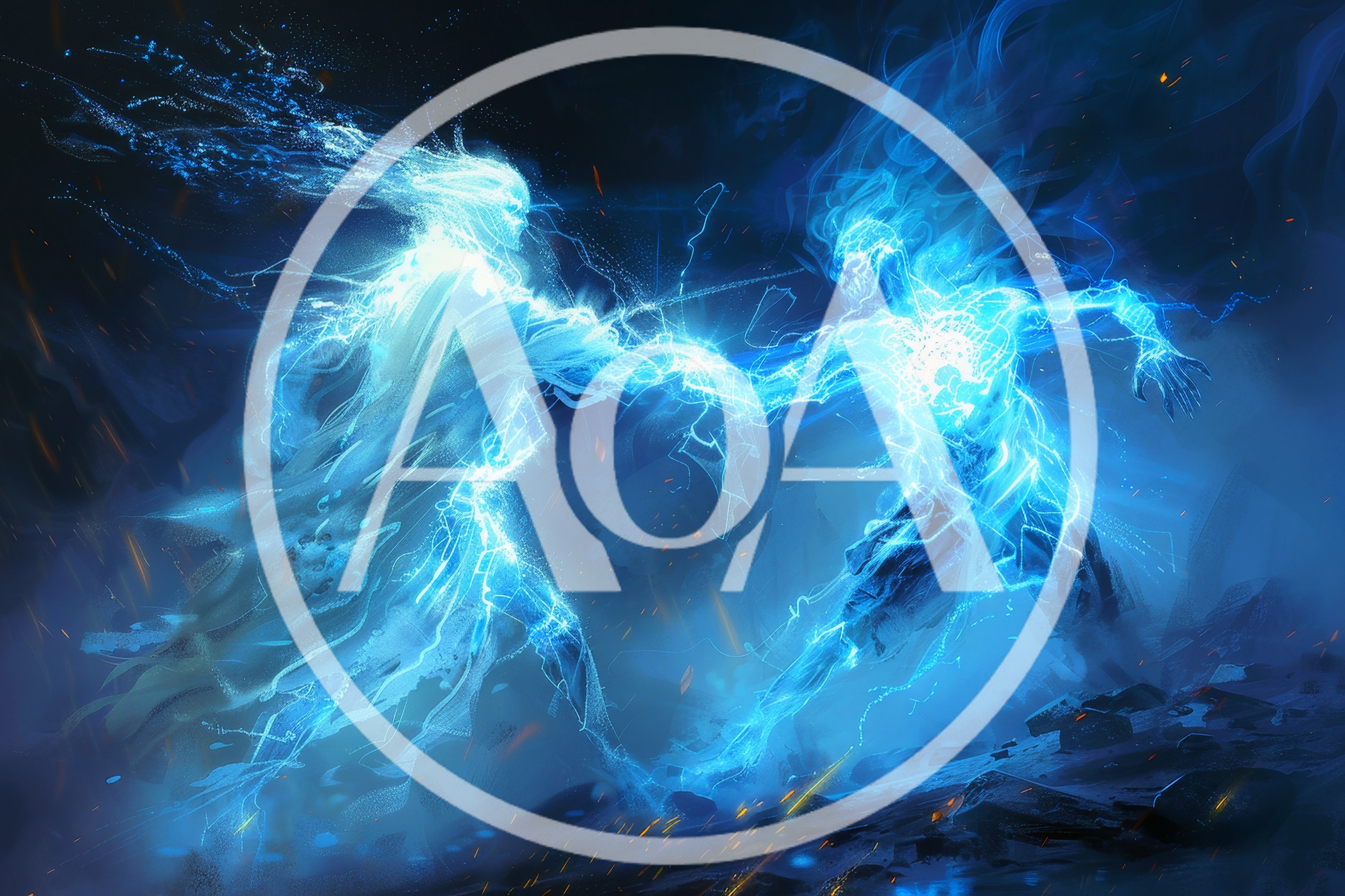 Two Ethereal Blue Energy Spirits Clashing In Combat