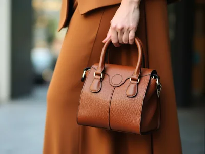 Woman Holding A Brown Leather Handbag