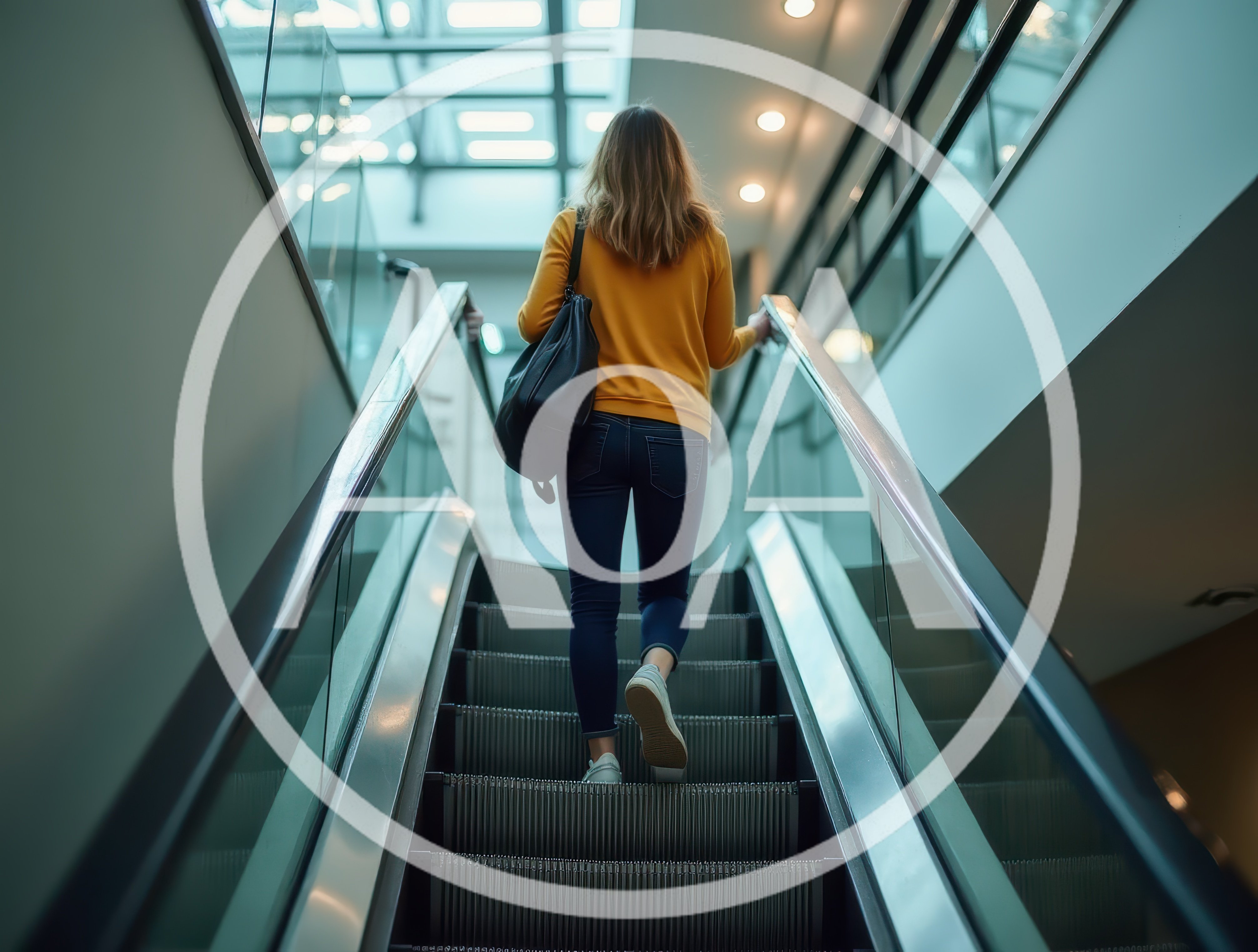 Young Woman Riding Up An Escalator In A Modern Building