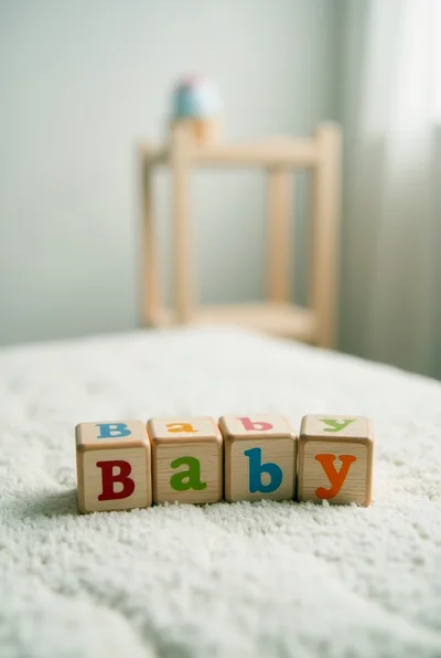 Wooden Baby Blocks Spelling Baby on Soft Blanket