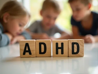 Wooden Blocks Spelling ADHD With Children In Background