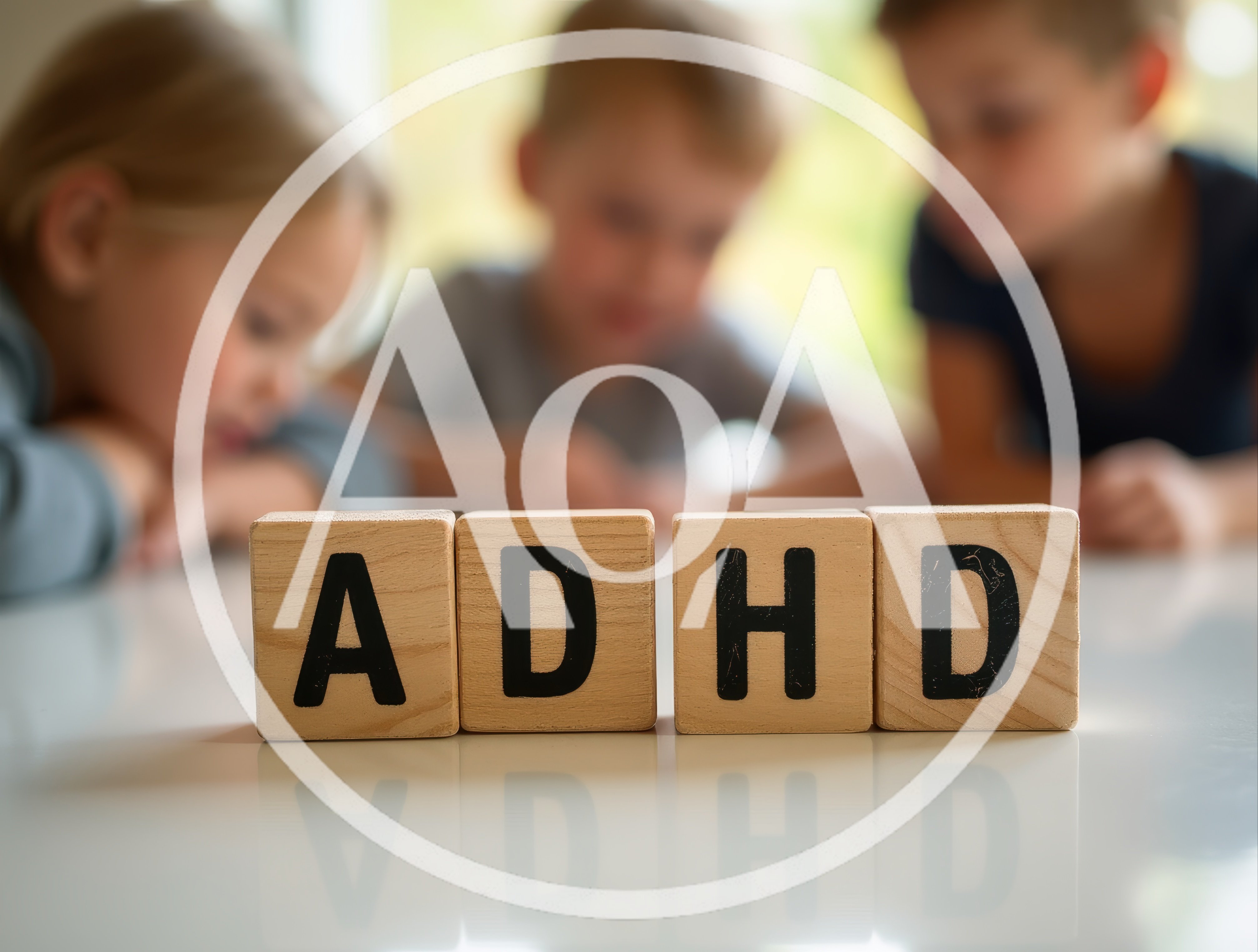 Wooden Blocks Spelling ADHD With Children In Background
