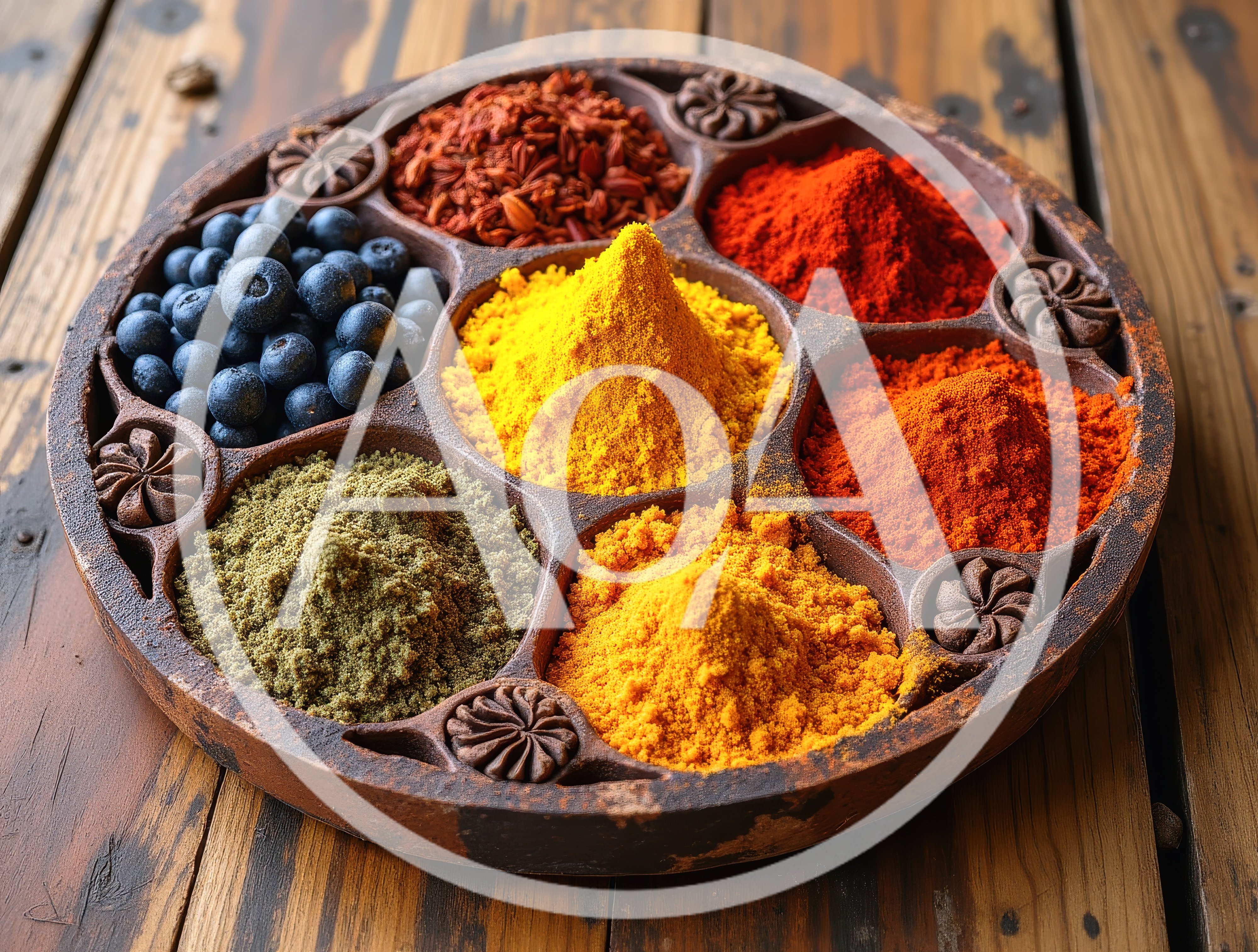 Assorted Spices and Blueberries in Wooden Masala Dabba