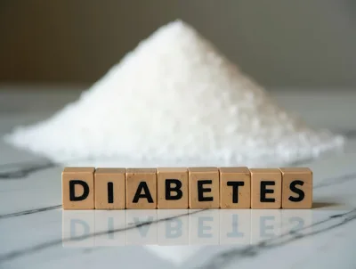 Diabetes Word Spelled With Wooden Blocks And Sugar Pile
