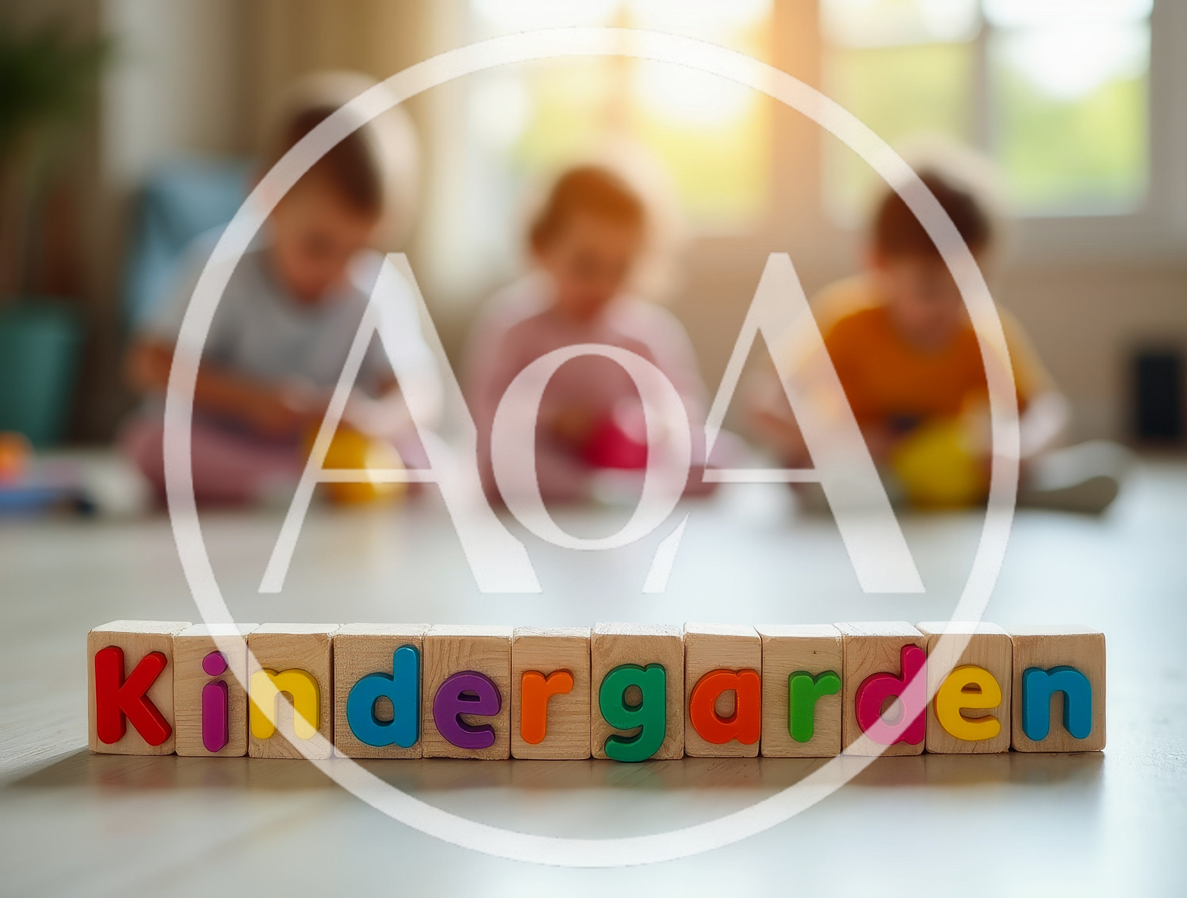 Wooden Kindergarten Blocks With Blurred Children Playing In Background