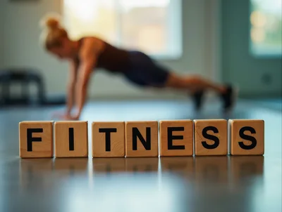 Wooden Blocks Spelling Fitness With Woman Exercising In Background