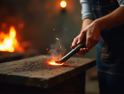 Blacksmith Working With Glowing Hot Metal In Workshop