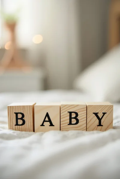 Wooden Baby Blocks Spelling Baby on Bed