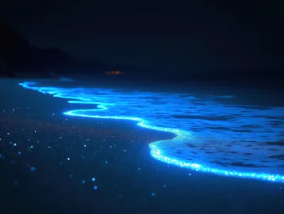 Bioluminescent Waves Glowing On A Dark Sandy Beach