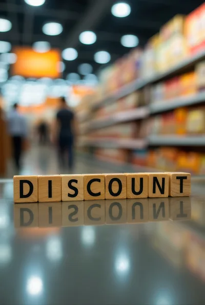 Wooden Blocks Spelling Discount on Supermarket Checkout Counter