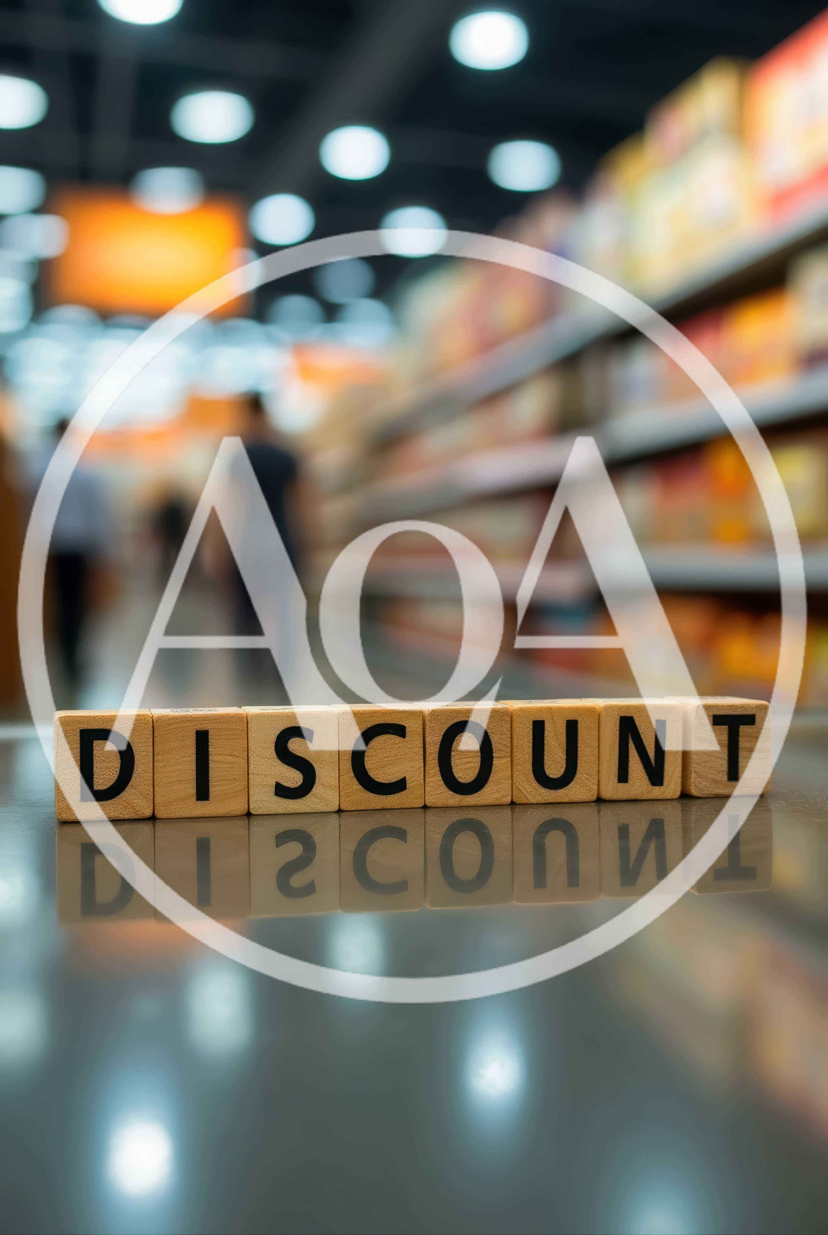 Wooden Blocks Spelling Discount on Supermarket Checkout Counter
