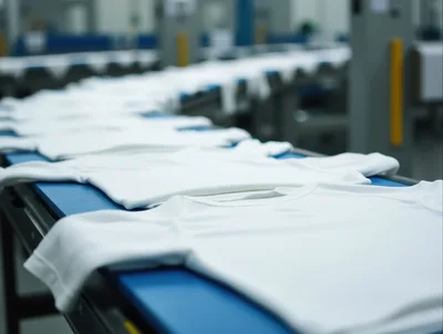 White T-Shirts Moving Along Industrial Conveyor Belt