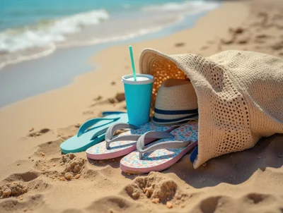 Beach Vacation Accessories On Sandy Shore