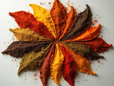 Colorful Spices Arranged in a Floral Leaf Pattern