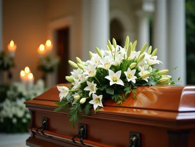 White Lily Floral Arrangement On A Wooden Casket