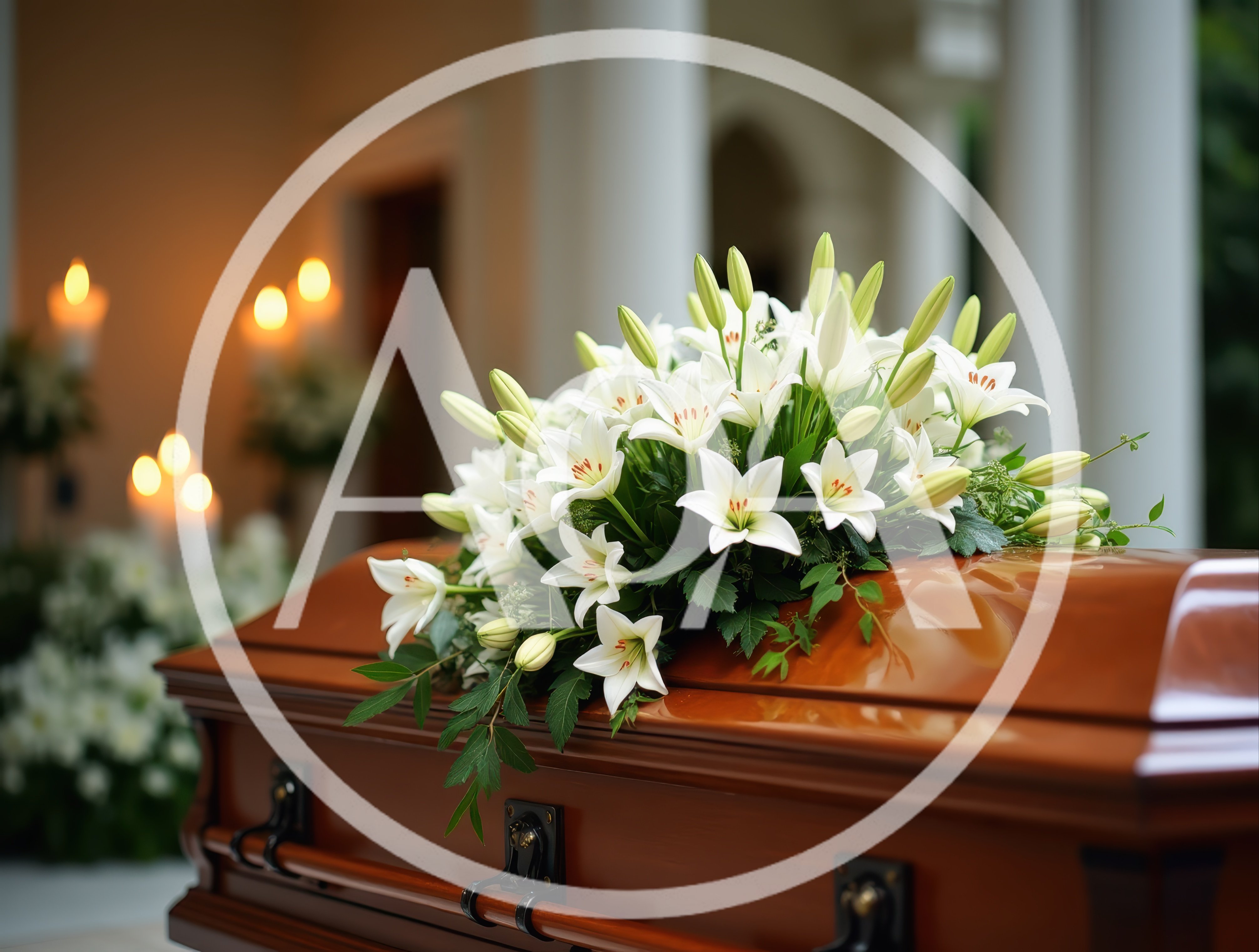 White Lily Floral Arrangement On A Wooden Casket
