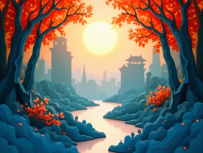 Paper Cutout Style Landscape With Cityscape And River