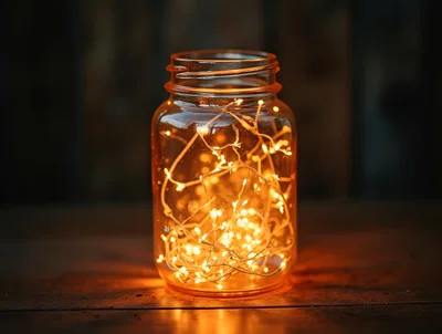 Fairy Lights Glowing Inside A Glass Mason Jar