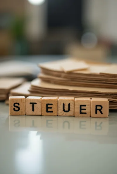 Wooden Blocks Spelling Steuer With Stacked Paperwork