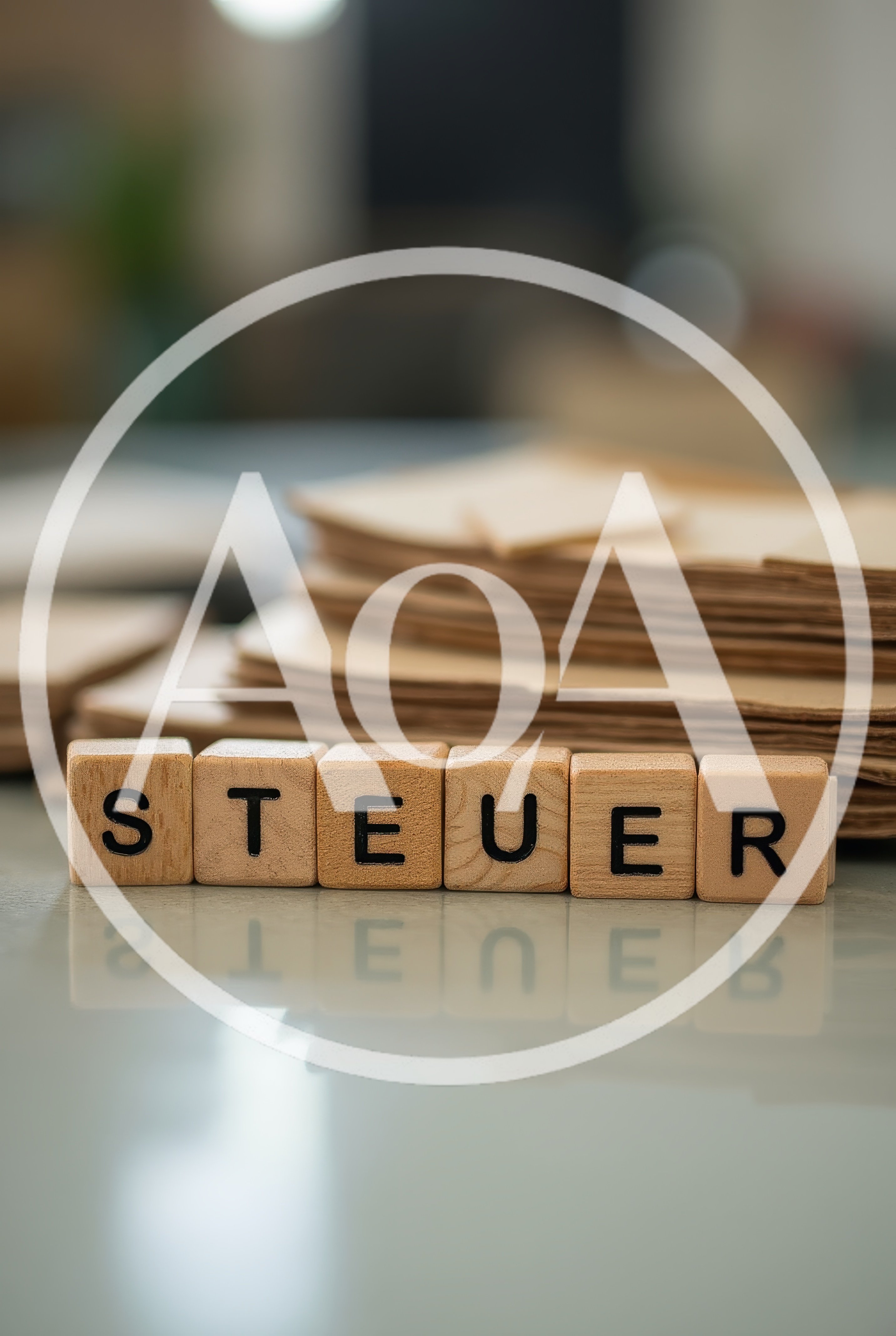 Wooden Blocks Spelling Steuer With Stacked Paperwork