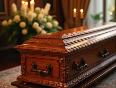 Wooden Casket In A Funeral Parlor