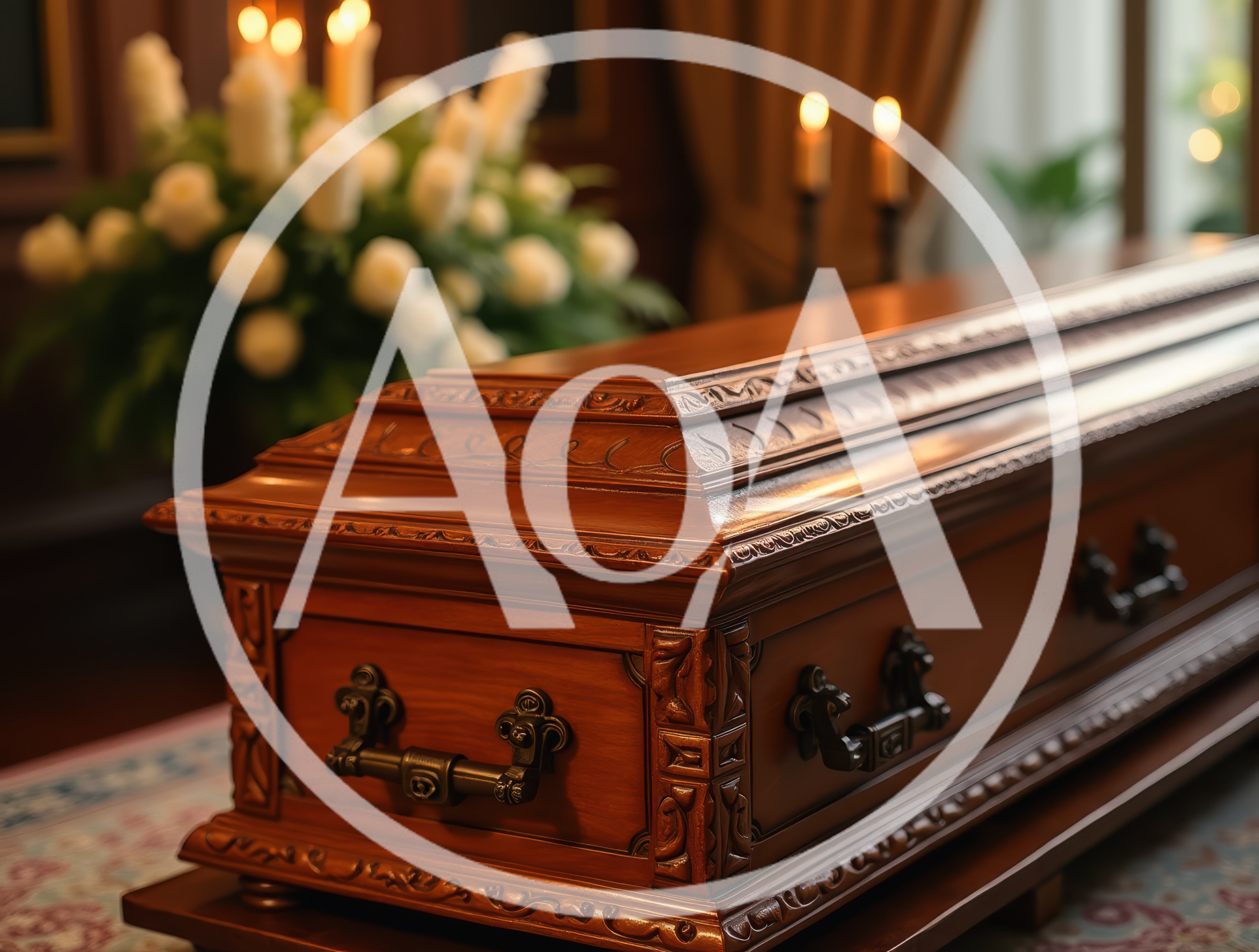 Wooden Casket In A Funeral Parlor