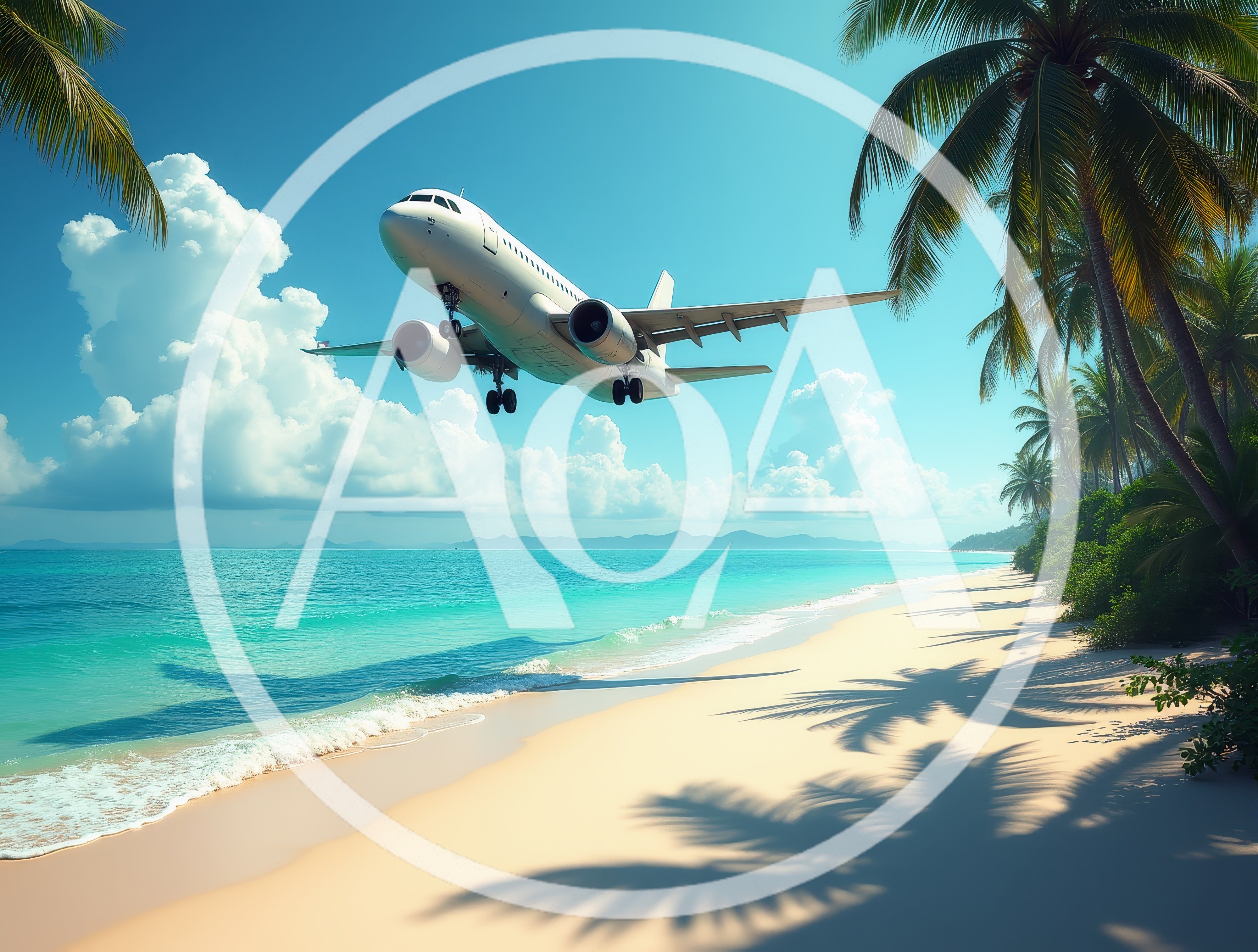 Commercial Airplane Flying Low Over Tropical Beach