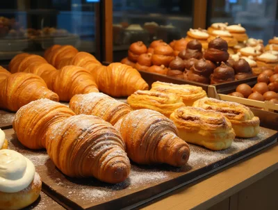 Freshly Baked Croissants And Pastries In Bakery Display