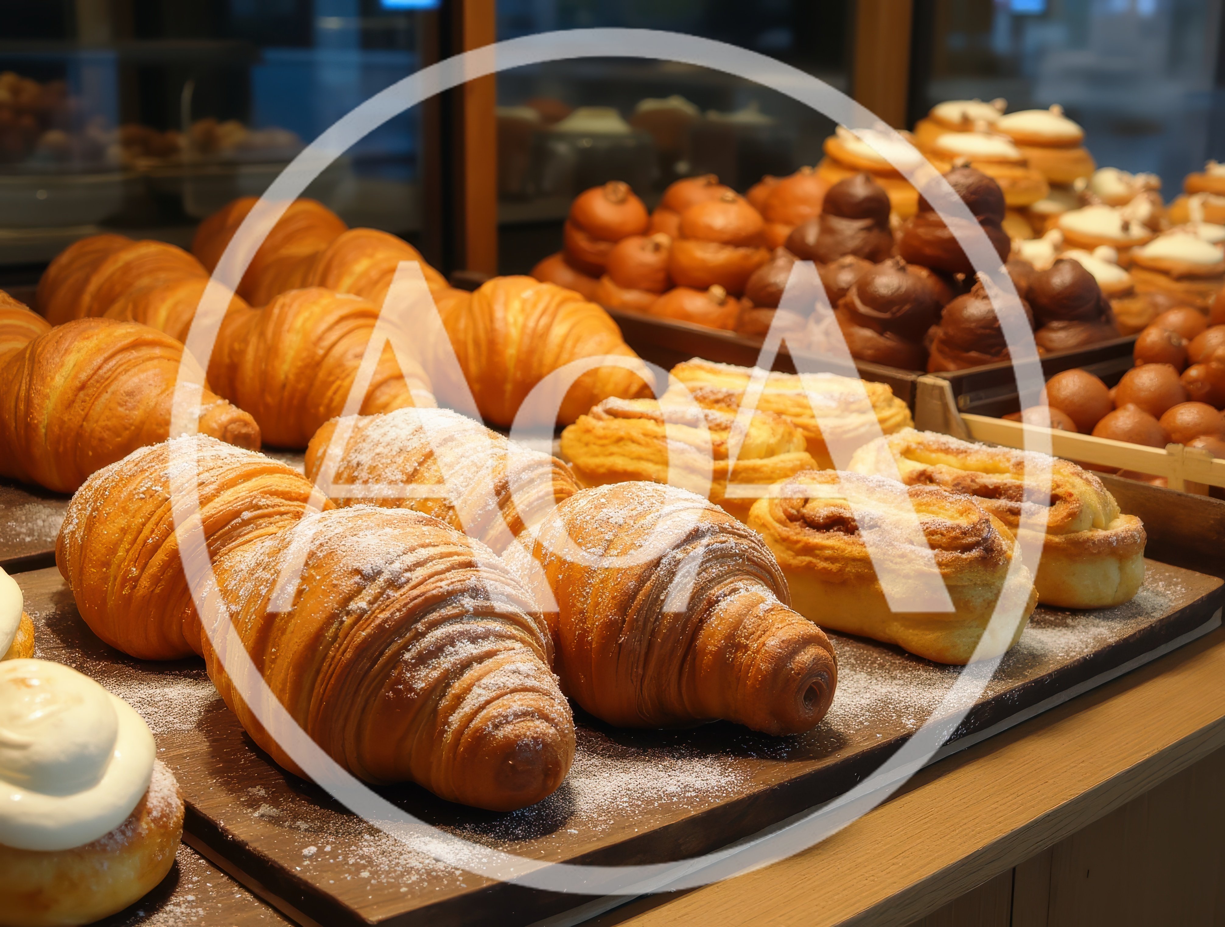 Freshly Baked Croissants And Pastries In Bakery Display