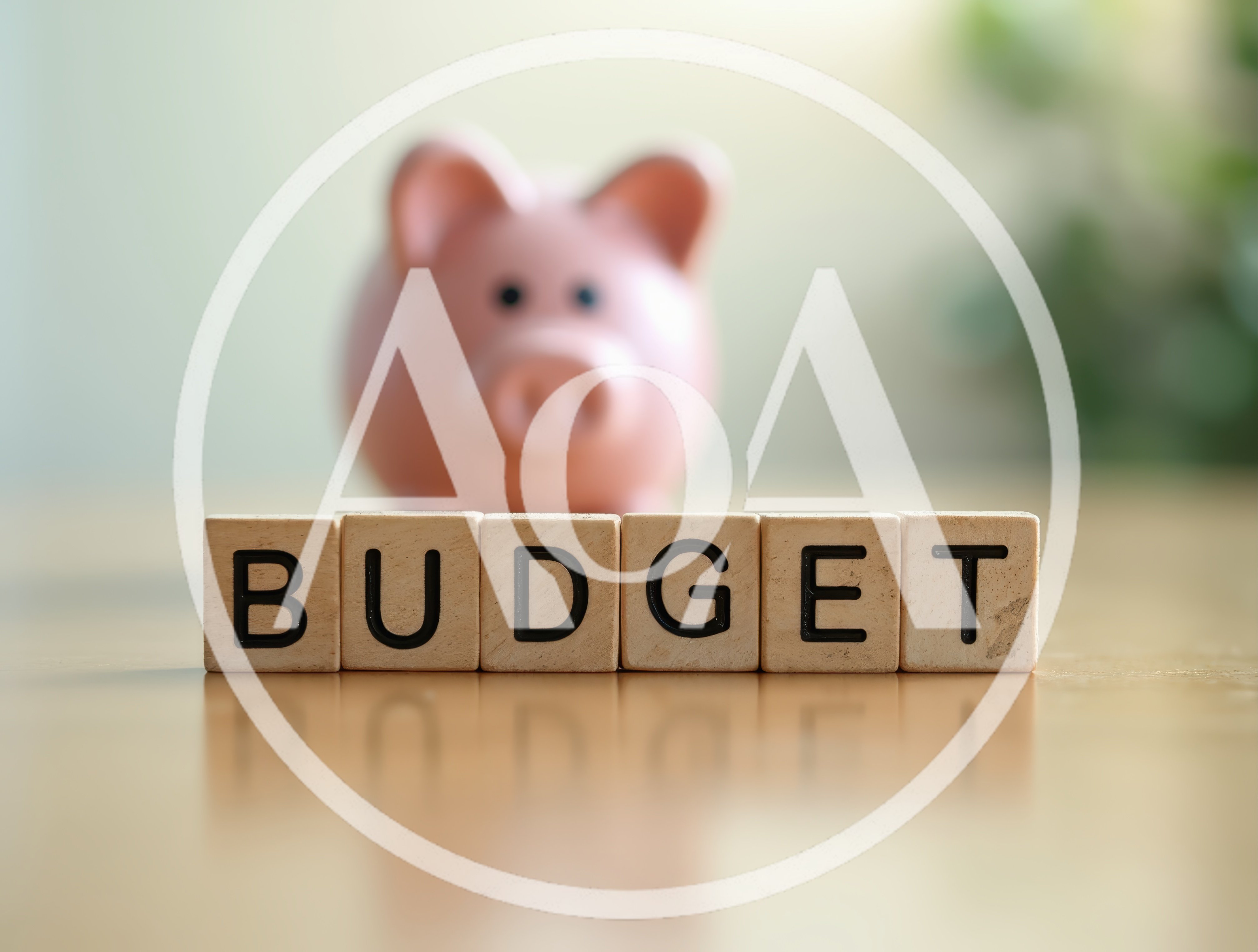 Wooden Blocks Spelling Budget With A Blurred Piggy Bank