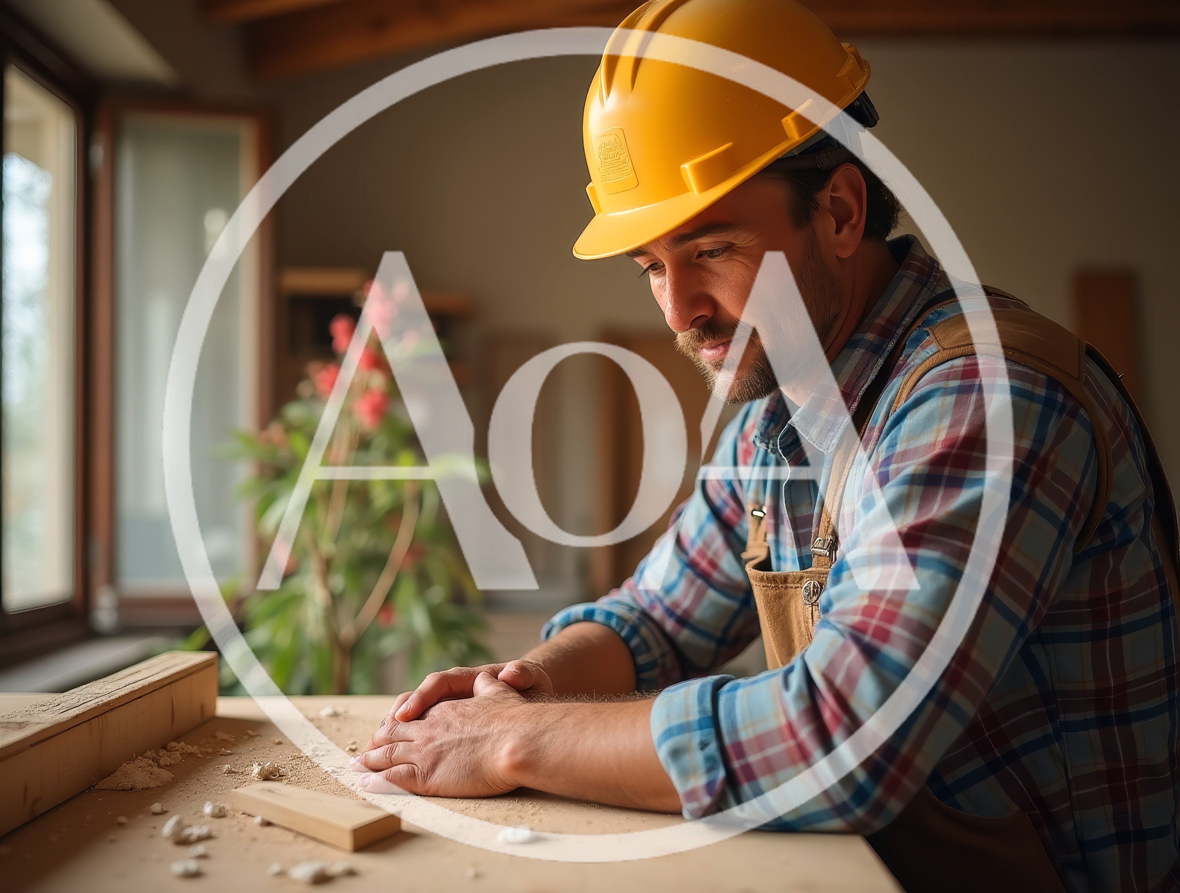 Carpenter Wearing Hard Hat Working In Wood Workshop