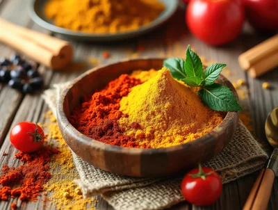 Wooden Bowl Filled With Vibrant Turmeric And Paprika Spices