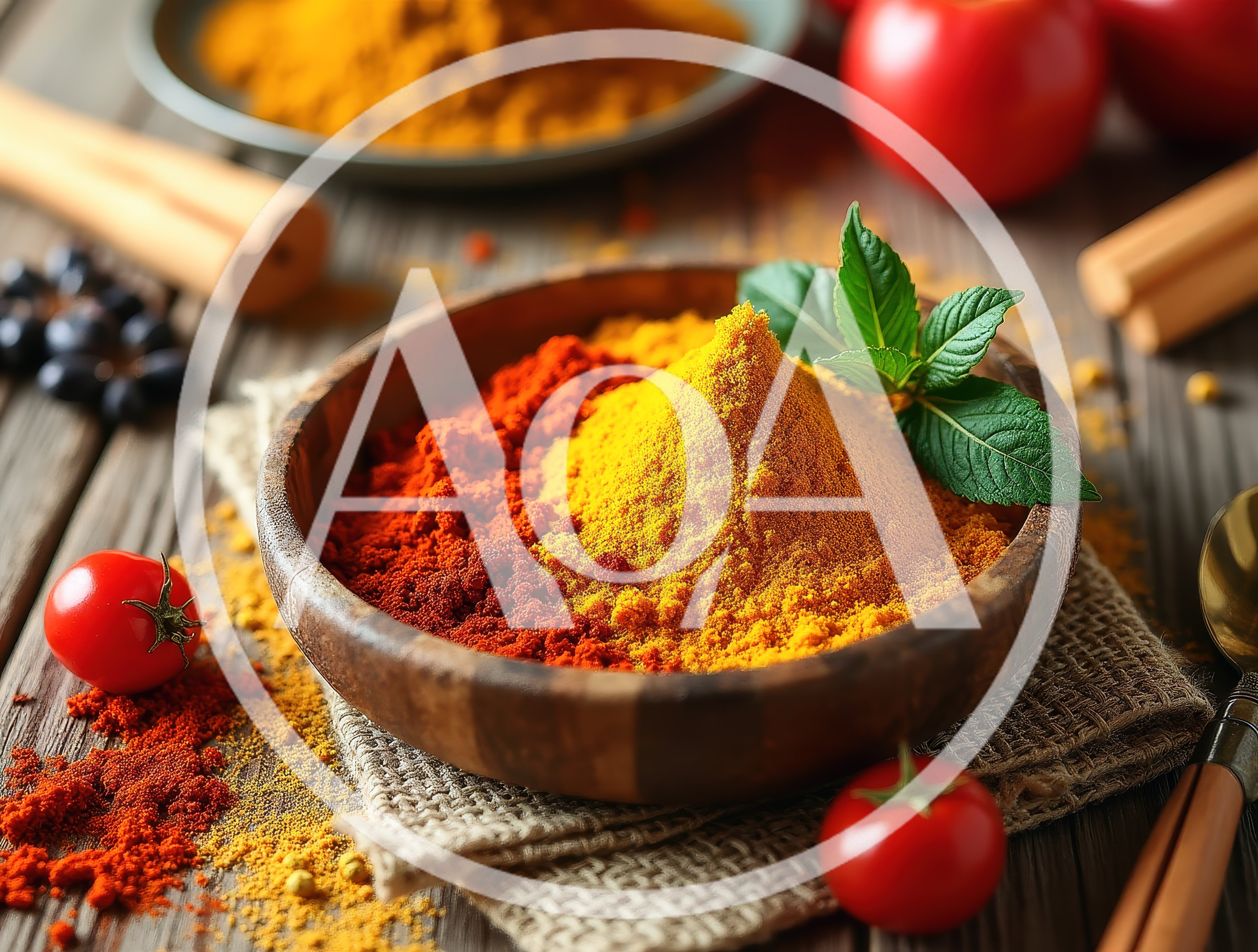 Wooden Bowl Filled With Vibrant Turmeric And Paprika Spices