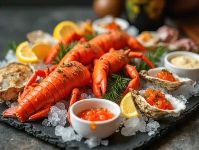 Fresh Lobster And Oyster Seafood Platter On Ice