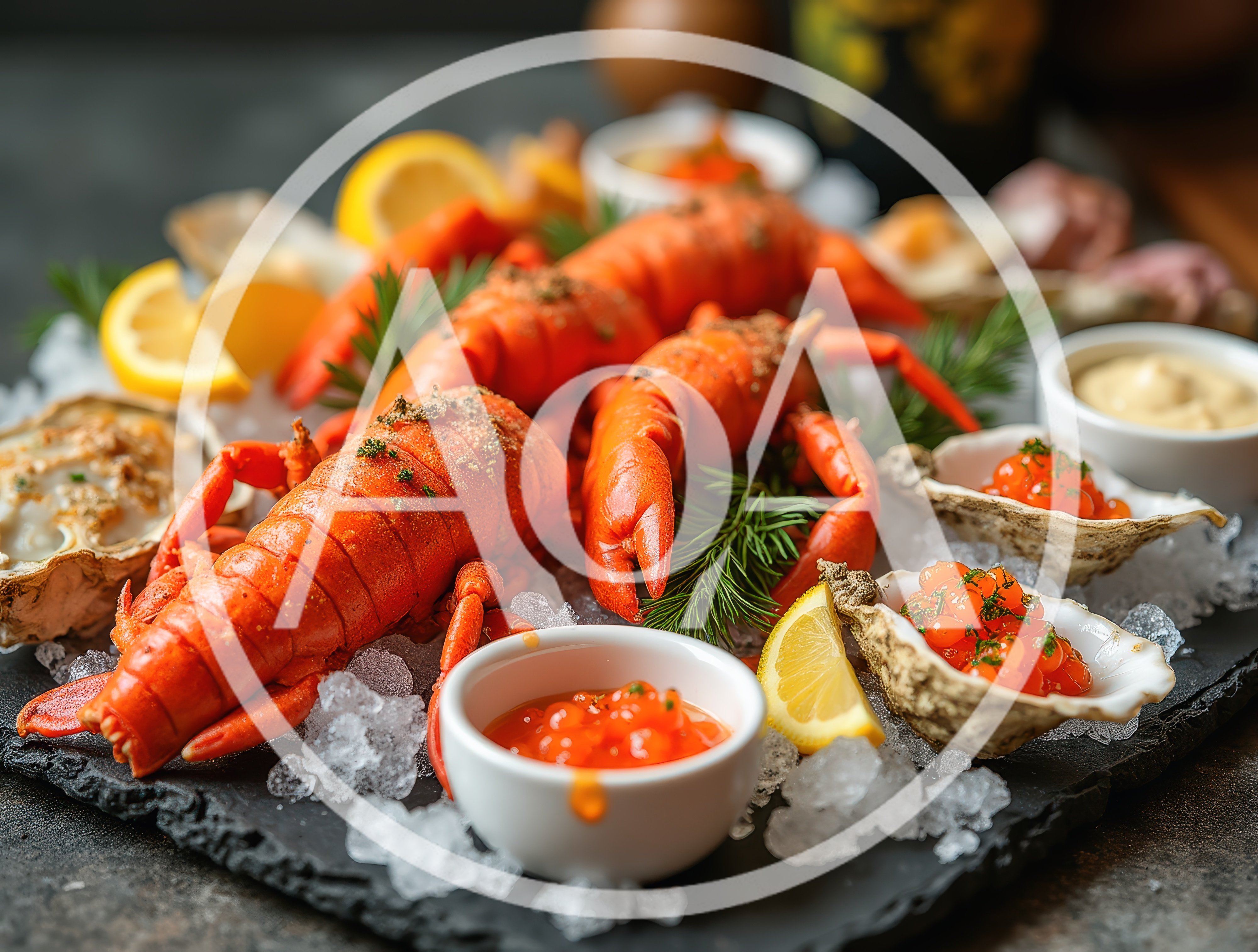 Fresh Lobster And Oyster Seafood Platter On Ice